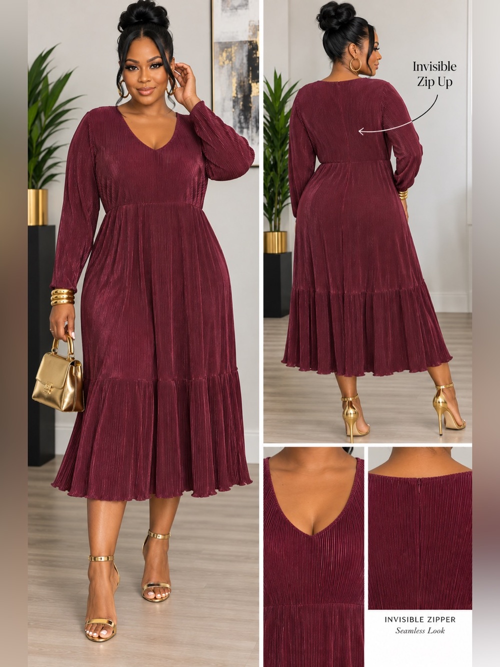 Elegant V-Neck Burgundy Midi Dress